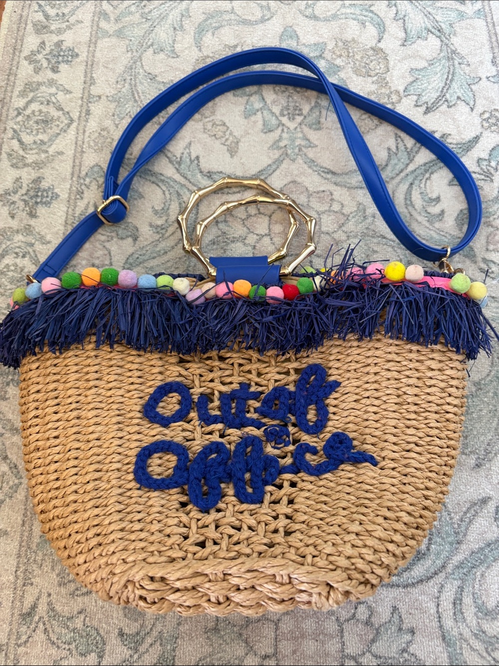 Out Of Office Pom Pom Summer Straw Boho Bamboo Bag Purse